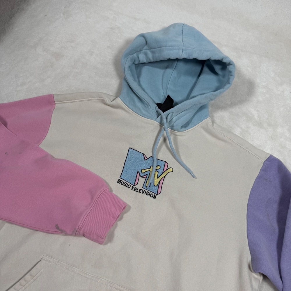 H&M MTV Music Television Colorblock Hoodie Mens Medium Relaxed Fit Cream Pastel